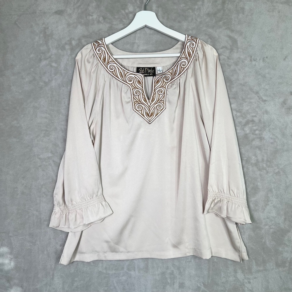 Bob‎ Mackie Beige Embroidered Blouse Sz L Balloon Ruffle Sleeves Eclectic Artsy